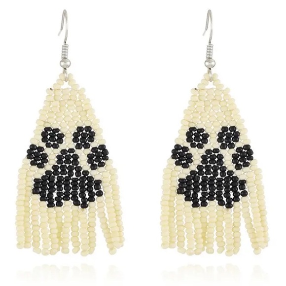 Paw Print Seed Bead Boho Tassel Earrings - Picture 1 of 4